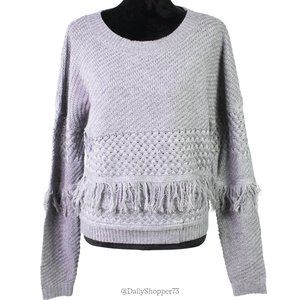 BB Dakota Women's Heather Grey Knit Fringe Detail Long Sleeve Pullover Sweater